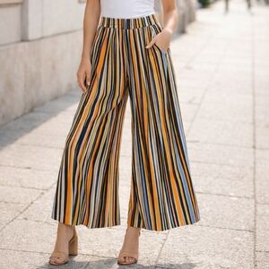 NEW Bershka Wide Leg Colorful Pants Size L Baggy Stripes Bohemian Retro 70s